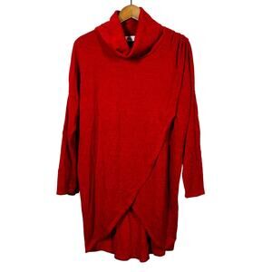 Rae Mode Funnel Neck Pullover Faux Wrap Front Oversized Tunic Red - M